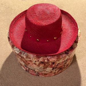 Red Straw Hat with Gold Beads